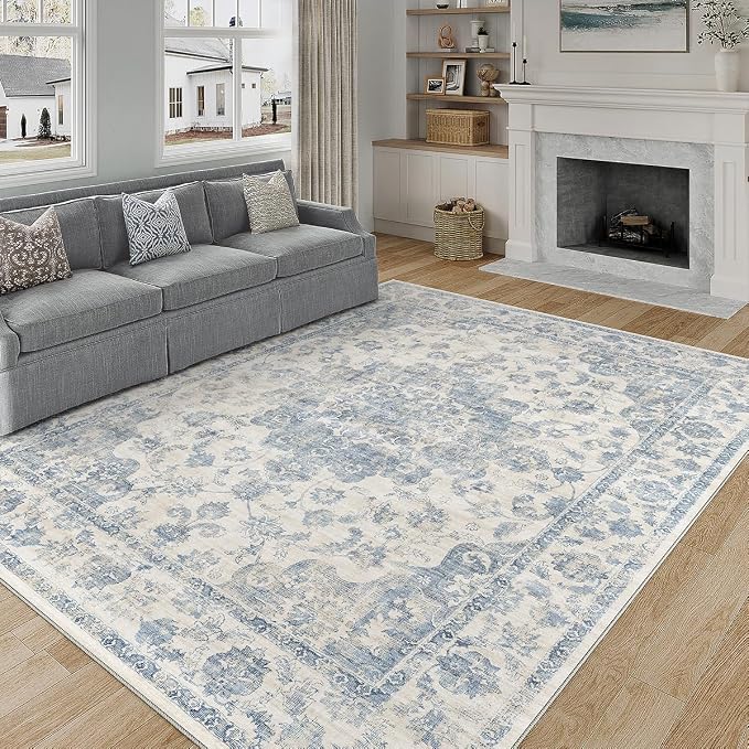 10x12 Neutral Area Rug Blue Vintage Living Room Bedroom Washable Carpet - Image 3