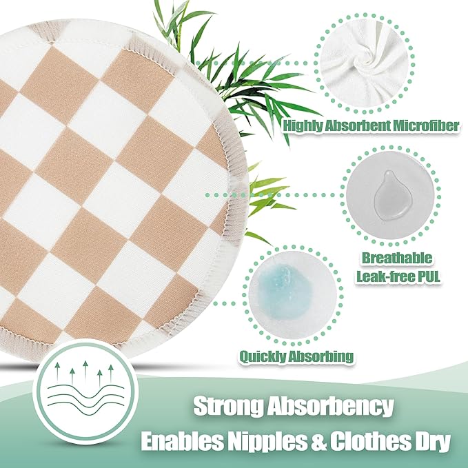 wegreeco Nursing Breast Pads (14 Pack) + Laundry Bag & Travel Storage Bag, 4.7 inch Option - Washable & Reusable Breastfeeding Nursing Pads (Light Coffee, Black Checkerboard, Large, Plain Shape)