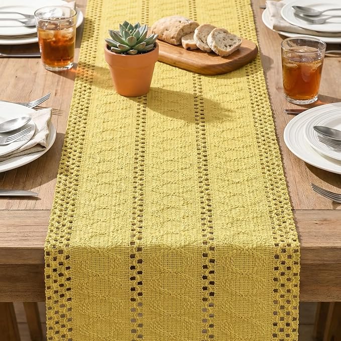 Artoid Mode Yellow Woven Farmhouse Hollow Table Runner 12x48 Inch | Holiday - Image 5
