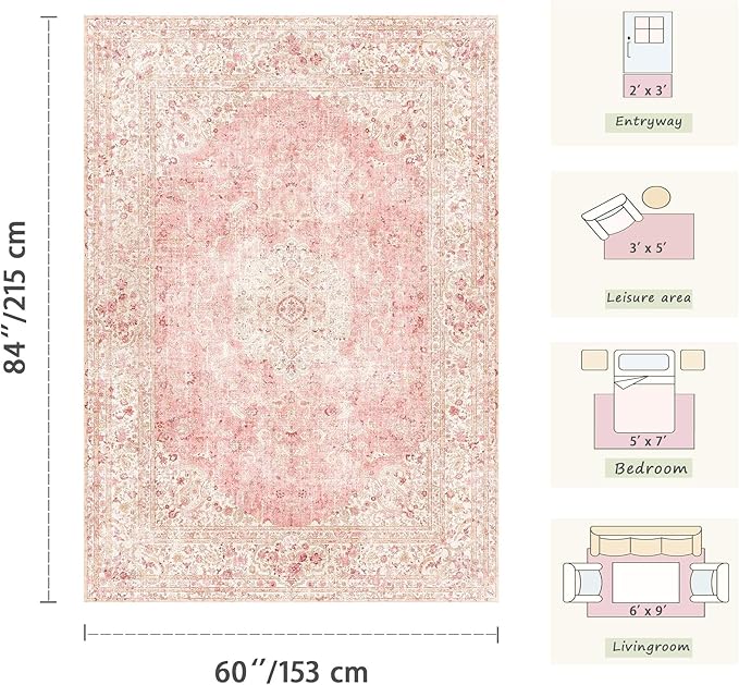Latte&Fog Pink Area Rugs 8x10, Vintage Cute Large Washeble Rugs - Image 2