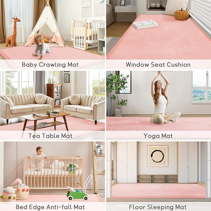 Baby Play Mat for Floor Tummy Time Mat Nursery Rug Muscle Area Rug Playroom Tatami 79"x138" Memory Foam 1.3" Thick Crawling For Babies,Toddlers, Infants, Kids,Floor(Pink)
