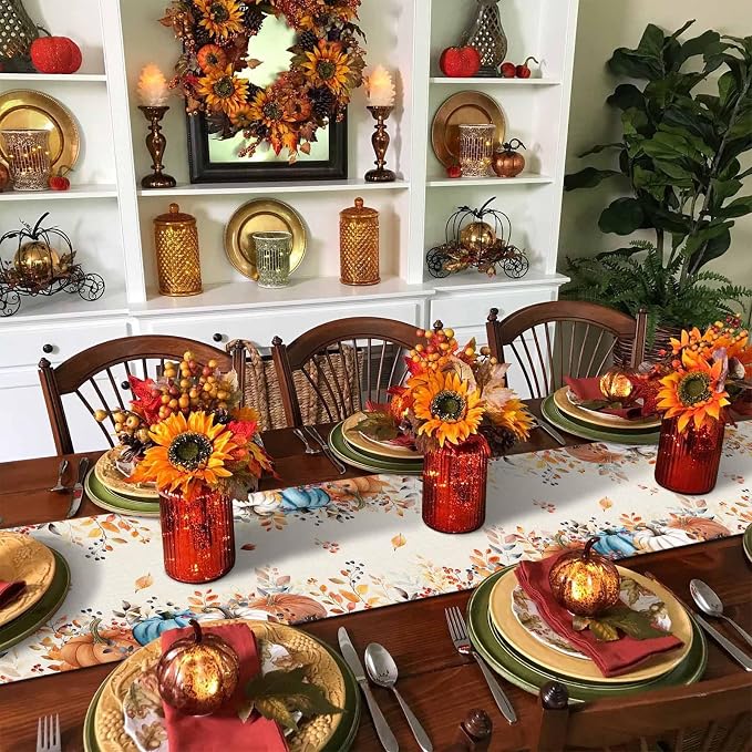 Orange Blue Pumpkin Fall Table Runner 90 Inches Long, Thanksgiving Eucalyptus - Image 6