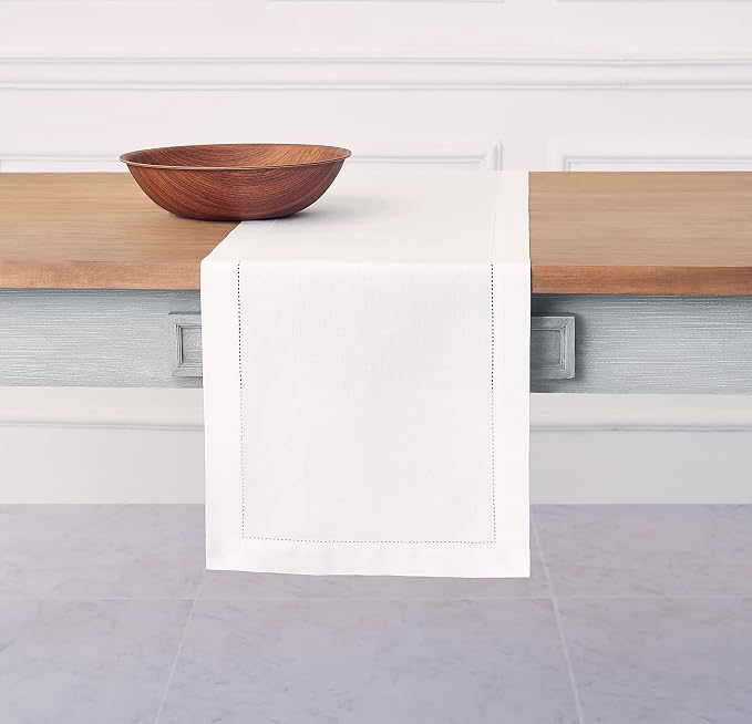 Solino Home Cotton Linen Dining Table Runner White Hemstitch, 14 x 120 in | by SolinoHome