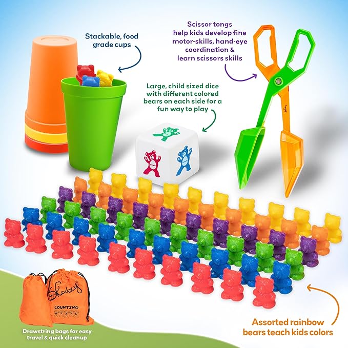 Skoolzy Counting Bears Set - 70 Pc Color Sorting Sensory Toys for Toddlers 3-4 - Montessori Toys for 3 Year Old - Autism Toys for Toddlers 3-4 - Color Sorting Toys for Toddlers Learning + Education