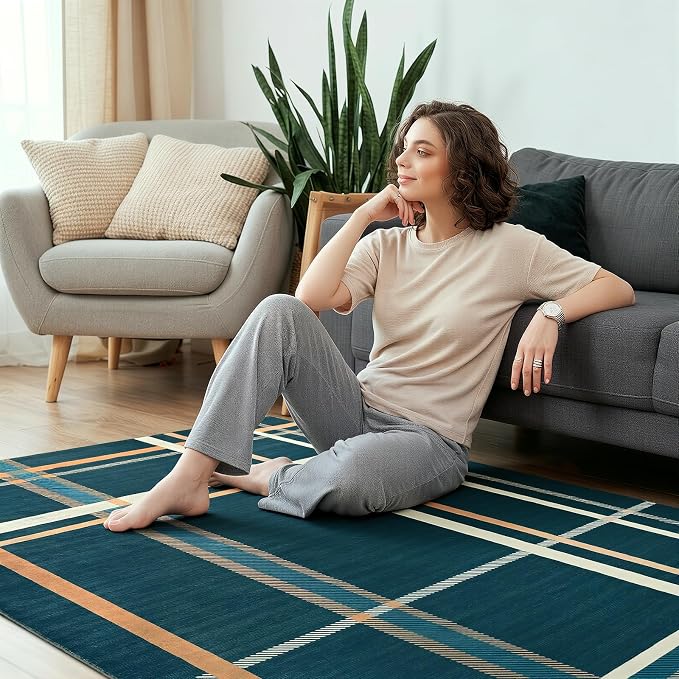 Terrug Plaid Area Rug for Bedroom, Soft Low Pile Stain Resistance Abstract - Image 3