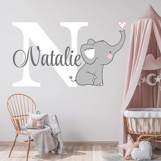 Decor Designs Decals Girls Nursery Baby Grey and Pink Elephant Custom Name Personalized Wall Decal Sticker for Playroom Decor or Baby's Room (Multi-Sizes) (Name with Initial)