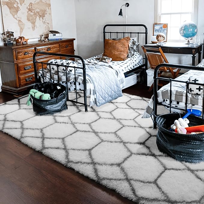 ONASAR Area Rugs for Living Room, 5x8 Fluffy White and Grey Rug for Bedroom - Image 9