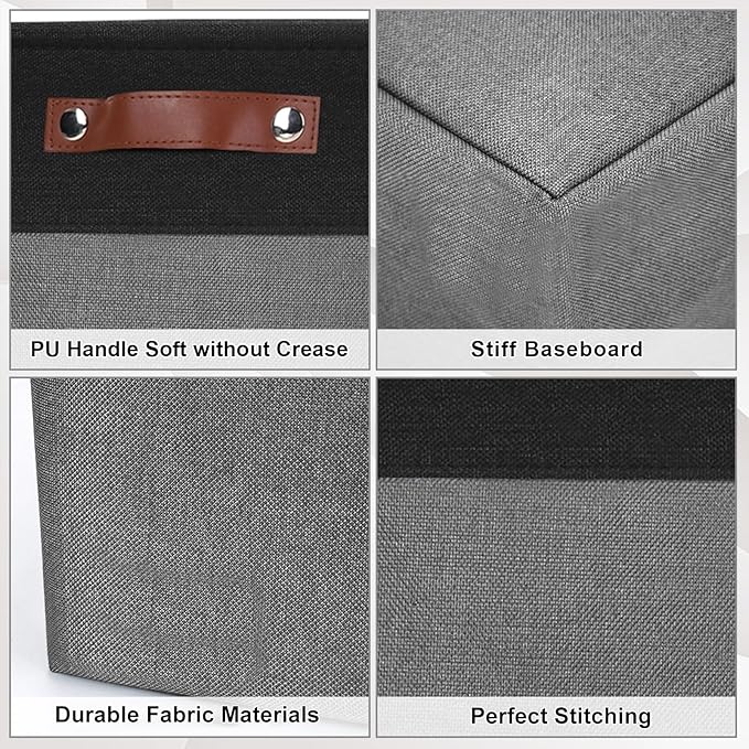 Storage Bins Large Fabric Storage Baskets for Shelves 3 Pack, Decorative Linen Closet Baskets with Handles for Organizing, Shelf, Clothes, Home, Office, 15x11x9.5Inches (Grey&Black)