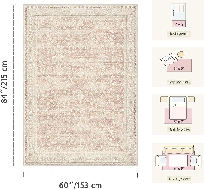 Latte&Fog Pink Rugs for Girls Bedroom, Vintage Washable 4x6 Area Rug for Living - Image 2
