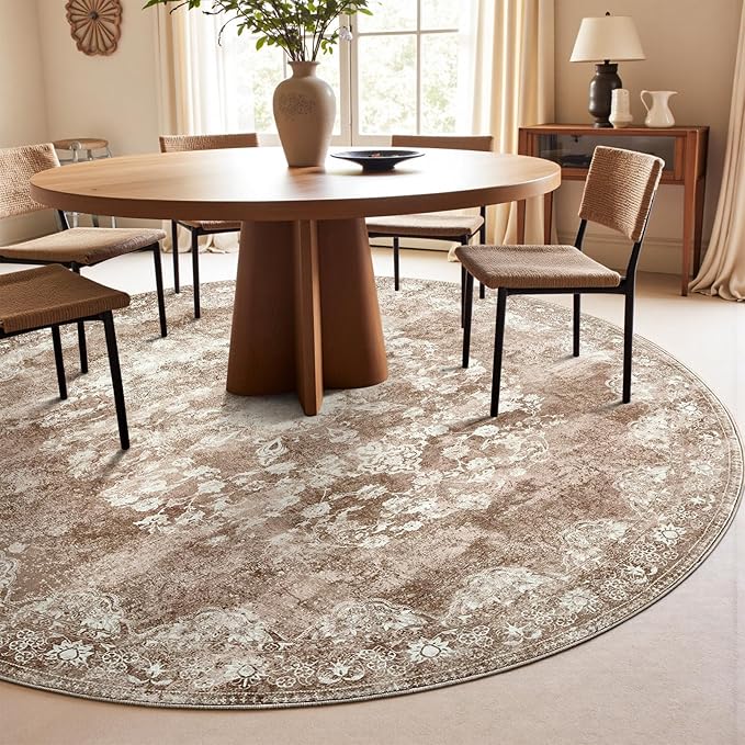 jinchan Round Rug 7ft Area Rug - Brown Vintage Floor Mat Kitchen Indoor - Washable Circle 7' Thin Floral Print Carpet Retro Farmhouse Non Slip Dining Room Living Room Bedroom Office