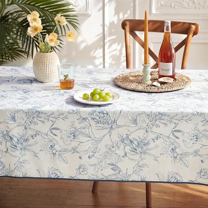 jinchan Blue Floral Linen Square Table Cloth 50 x 50 Inch | Blue floral accents - Image 8