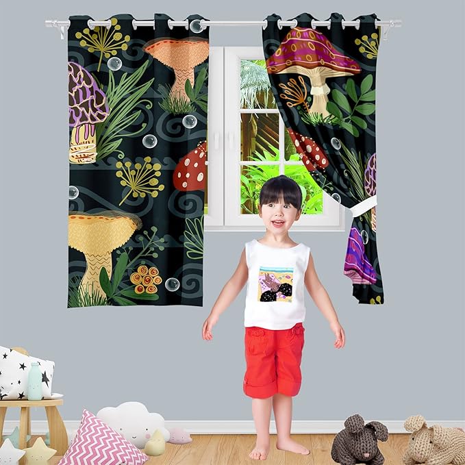 Mushrooms Curtains Panels for Kids Room Green Mushroom Blackout Curtains 63 inch Length for Kids Bedroom Living Nursery Room Grommet Top Thermal Insulated Curtains, 2 Pcs Panels, 82" x 63"