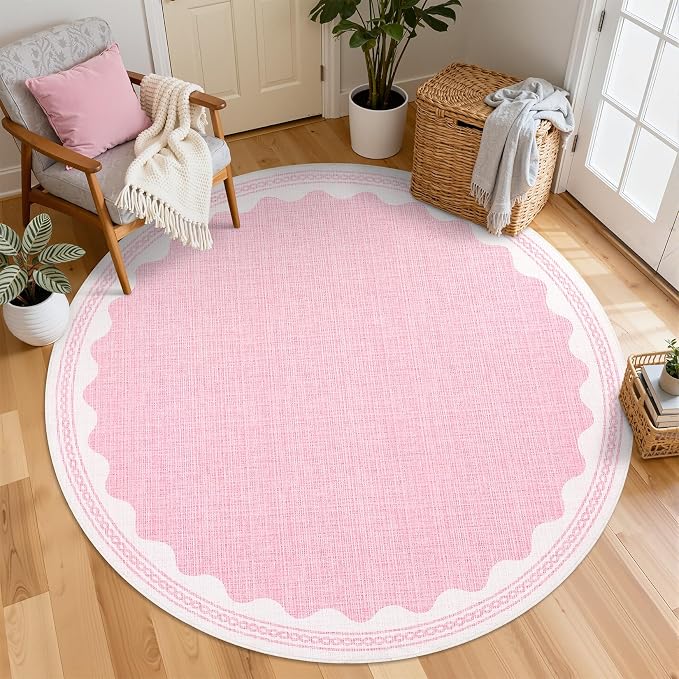 GarveeHome Scalloped Edge Solid Pink 4ft Round Rug Circle Modern Minimalism - Image 2