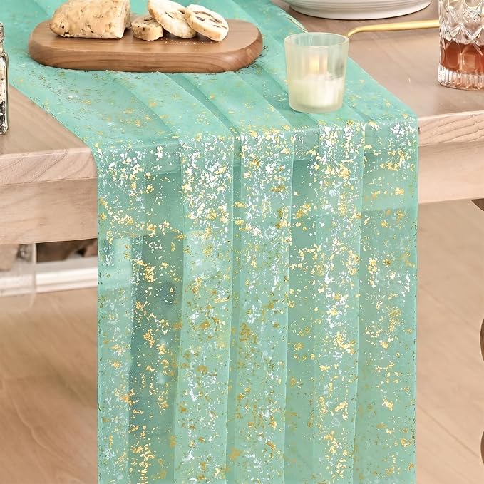 Artoid Mode 10Pcs Turquoise Gauze Gold Table Runner 10FT, Glitter Metallic Foil by ArtoidMode