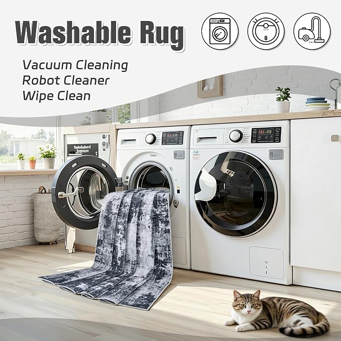 5x8 Area Rugs for Living Room Washable: Abstract Soft Thin Low Pile Black Rug - Image 2