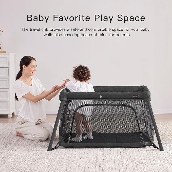 2 in 1 Portable Travel Crib for Toddler, Foldable Crib for Baby, Lightweight Playpen Collapsible Playard with Soft Mattress, Easy to Carry Baby Travel Bed for Outdoor, Indoor (Black)