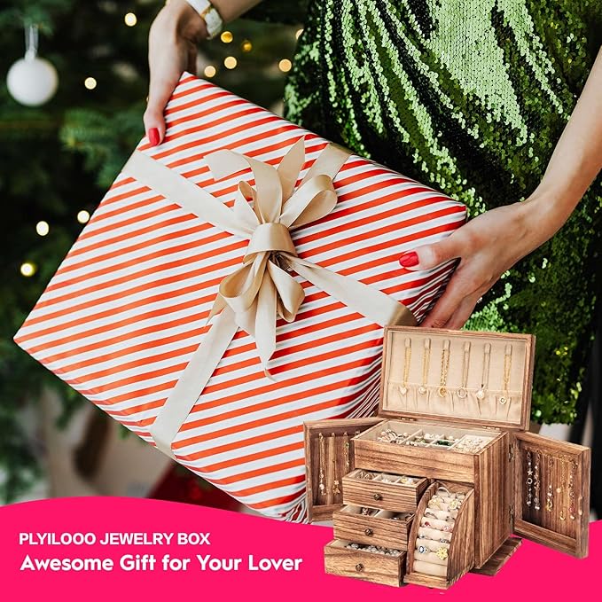 Jewelry Box Organizer, Solid Wood Jewelry Boxes for Women for Storage & Display Necklace Ring Earring Bracelet, Rustic Style Jewelry Organizer Box for Women Gifts (Carbonized Brown)