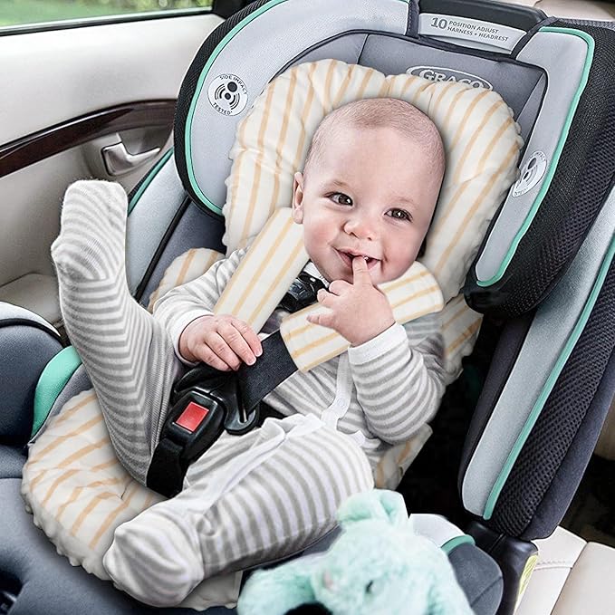 Infant Car Seat Insert, Car Seat Head Support Baby Girls Boys, Soft & Reversible Newborn Carseat Insert Cushion with 2 Strap Covers, for Stroller, Swing, Bouncer (Brown Line)
