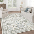 5x7 Washable Area Rugs Beige and Sage Green Vintage Boho Floral Farmhouse Rug by Dotiiorug