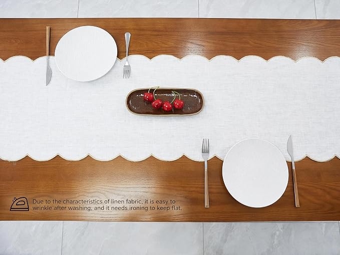 100% Natural Linen Rustic Scalloped Embroidery Table Runner 90 Inches Long - Image 5