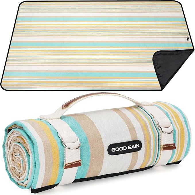 G GOOD GAIN Picnic Blanket Waterproof & Sand Proof,Beach Blanket Portable with Carry Strap, XL Large Foldable Picnic Rug Machine Washable for Camping Party,Wet Grass,Kids Playground.(Pineapple Yellow)