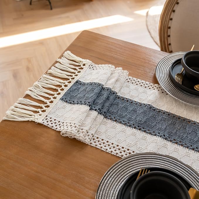 EMMTEEY Boho Table Runner with Tassels 72 Inches Long, Stone Blue | Handmade - Image 6