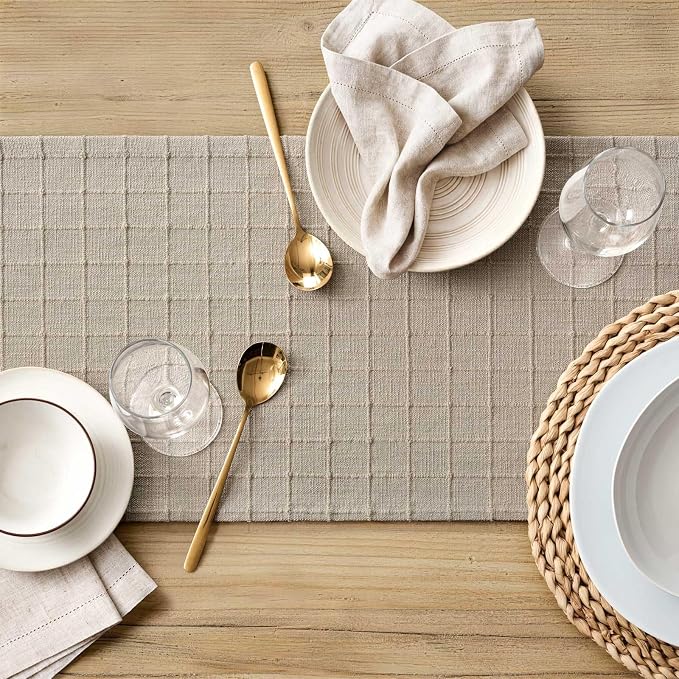 Artisanal Grid Linen Table Runner, 13x90 Inches Oatmeal | Heavy Textured - Image 5