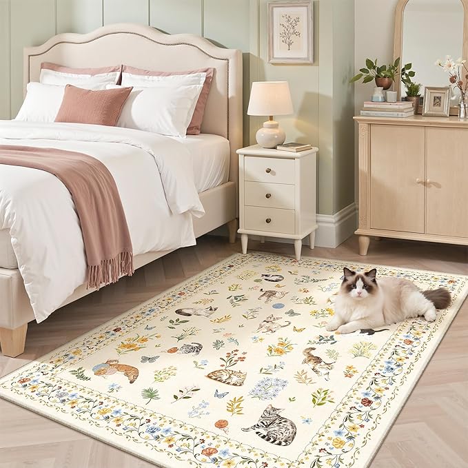 Soalmost Cat 4x6 Area Rugs, Machine Washable Animal Floral Accent Rug Non-Slip - Image 4