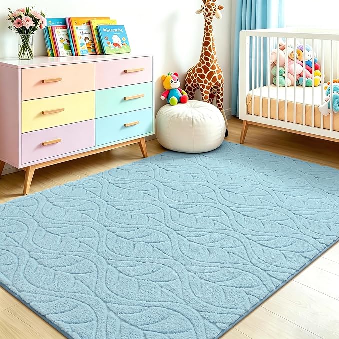 3x5 Blue Washable Area Rug for Bedroom, Leaf Geometric Patter Shag Non-Slip - Image 4