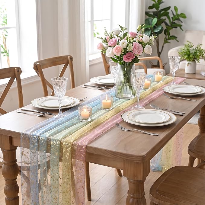 Artoid Mode 2-Pack Gold Gauze Table Runner 120 Inch 10FT, Rainbow Glitter - Image 3