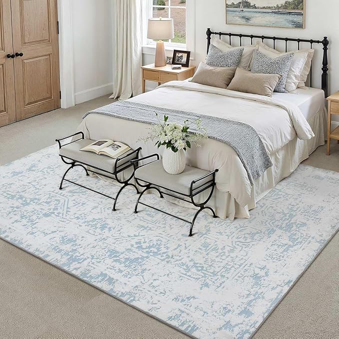 8x10 Fluffy Area Rug Blue Shag Neutral Carpet - Image 5