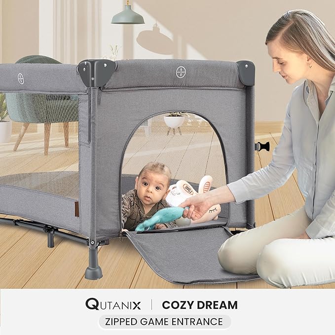 2-in-1 Baby Playard, Pack and Play Bassinet, Easy Folding Portable Crib with Music Mobile for Newborn to Toddlers (Grey)