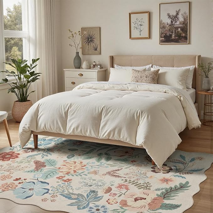DCX Beige Floral Rug 5x7, Washable Beige Rug - Image 4