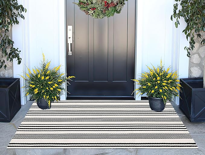 Black and White Striped Outdoor Rug 24'' x 51''Farmhouse Front Porch Rug - Image 5