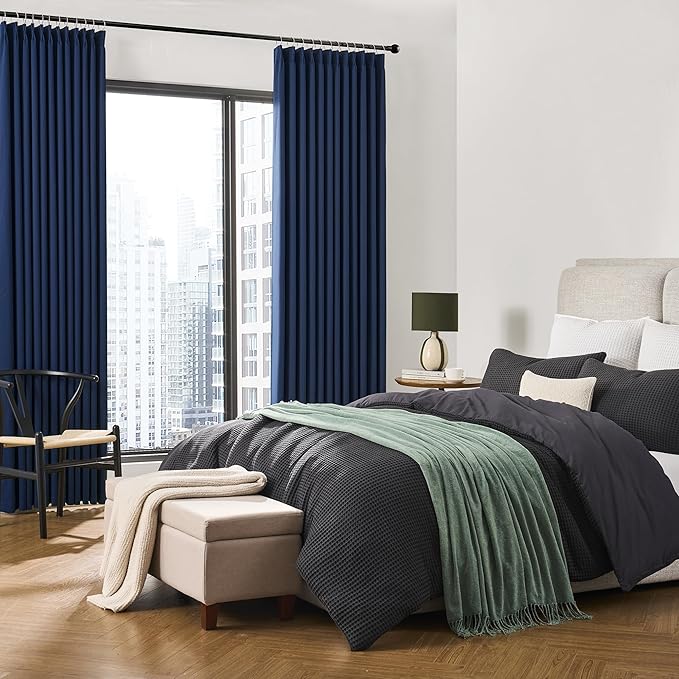KEQIAOSUOCAI Navy Pleat Wide Width Drapes 80 x 102 inch Long 2 Panels - Thermal Insulated Room Divider Curtains for Bedroom/Living Room/Patio, Pinch Pleated Curtain Panel with Hooks