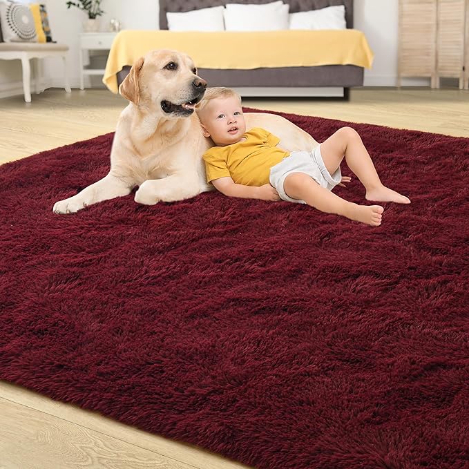 Tepook Fluffy Burgundy Rugs for Living Room, 9x12 Dark Red Area Rug for Bedroom - Image 4