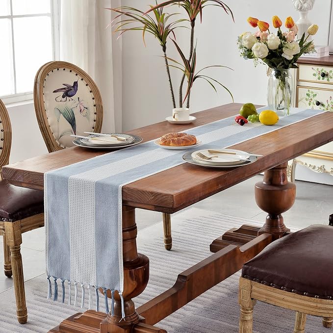 Wracra Linen Table Runner, Stripe Table Runners 90 Inches Long Blue | Delicate - Image 7