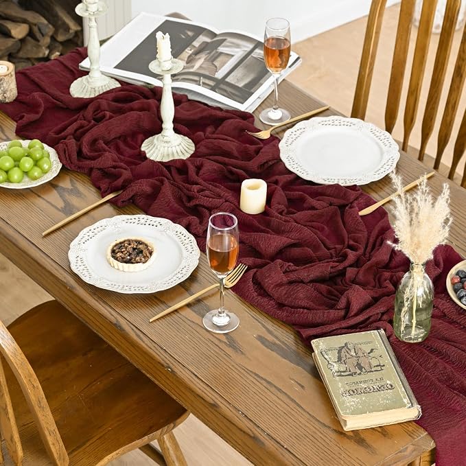 Artoid Mode Boho Cheesecloth Gauze Burgundy Wedding Table Runner, 120 Inch - Image 6