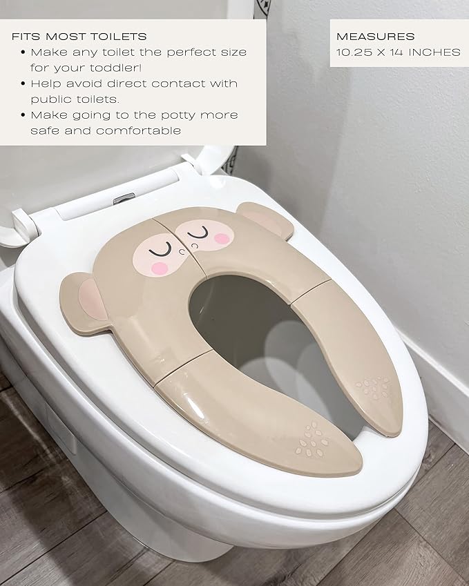 Hippypotamus Travel Potty Seat for Toddler - Folding Potty Training Seat - Portable Toilet Seat Cover for Baby & Kids (BEIGE Monkey)