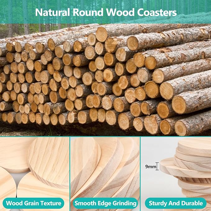 Adrattnay 64Pcs Unfinished Wood Coasters, 9mm Blank Wood Coasters Bulk - Image 5