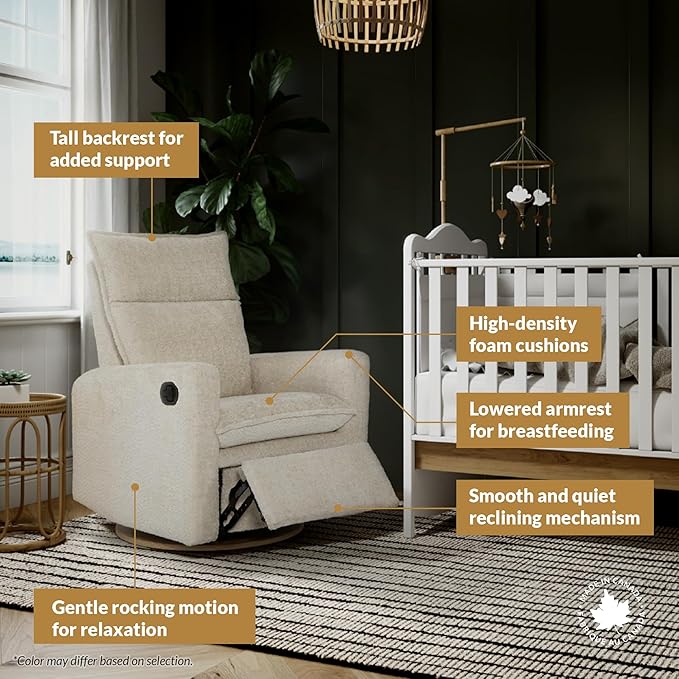 Arya Modern Nursery Glider Recliner Chair – Cozy Nursing Chair with 360° Swivel for New Parents, Gentle Motion, Compact Design, High Back & Low Armrests, Canadian Made (Heather Pearl/Arlo Fabric)