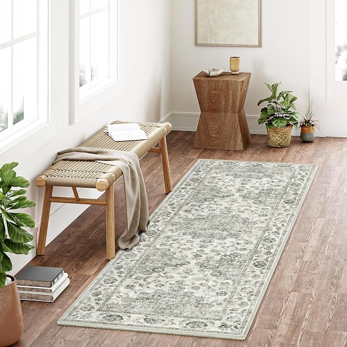 2x6 Washable Neutral Runner Rug Green Vintage Hallway Kitchen Carpet Non-Slip - Image 3