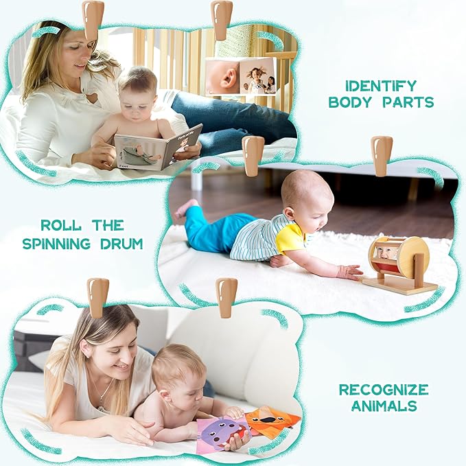 Montessori Toys for Babies 0-6 Months, 9 in 1 Learning Educational Sensory Toys for Newborn 0-3-6 Months, Includes High Contrast Cards, Baby Tissue Box Toy, Spinning Drum, Teether and More