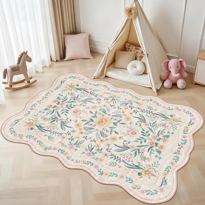 Pink Floral Rug 3X5 for Girls Bedroom or Nursery, Scalloped Washable Non-Slip - Image 2