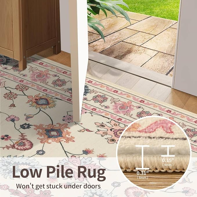 Rugxara Pink Rug for Living Room Bedroom, Floral 4x6 Washable Rug, Vintage Boho - Image 7