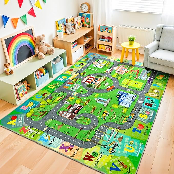 Chicrug 9x12 Car Road Area Rug for Kids Playroom Bedroom, Non Slip Low Pile - Image 2