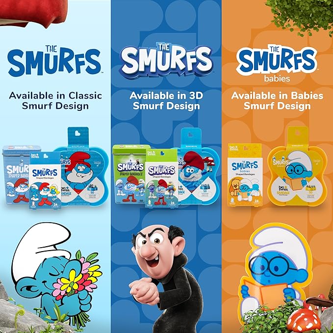BioSwiss Bandages, The Smurfs Shaped Self Adhesive Bandage, Latex Free Sterile Wound Care, Fun First Aid Kit Supplies for Kids and Adults, 100 Count Box