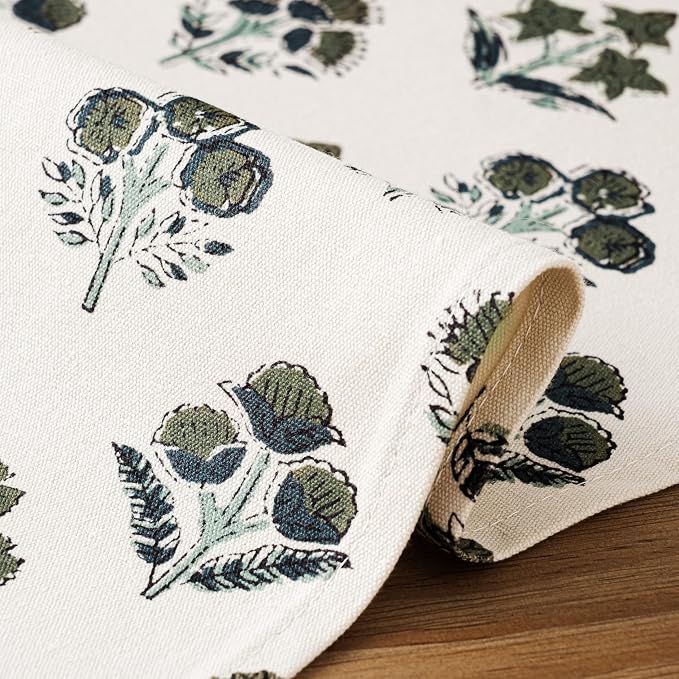 Block Print Floral Decorative Table Runners, 13x48 Inch Olive | 100% Organic - Image 5