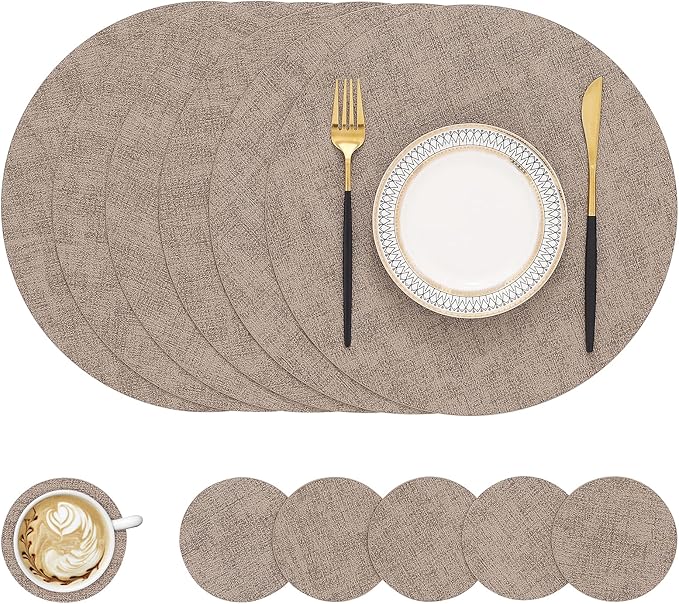 Round Faux Leather Placemat and Coaster 6 Packs, Washable Heat Resistant Dining by homing