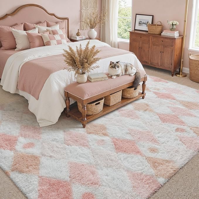 PureCozy Checkered Rug 9x12 Fluffy Shag Living Room Pink Area Rug Modern - Image 3